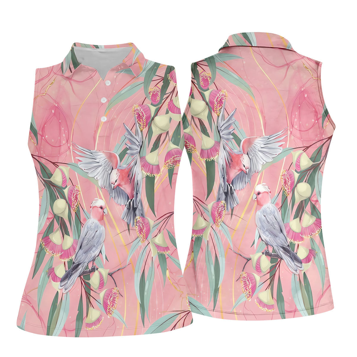 Pink Cockatoo Eucalyptus Floral Polo Shirt, Hawaiian Golf Shirt, Golf Tops For Women
