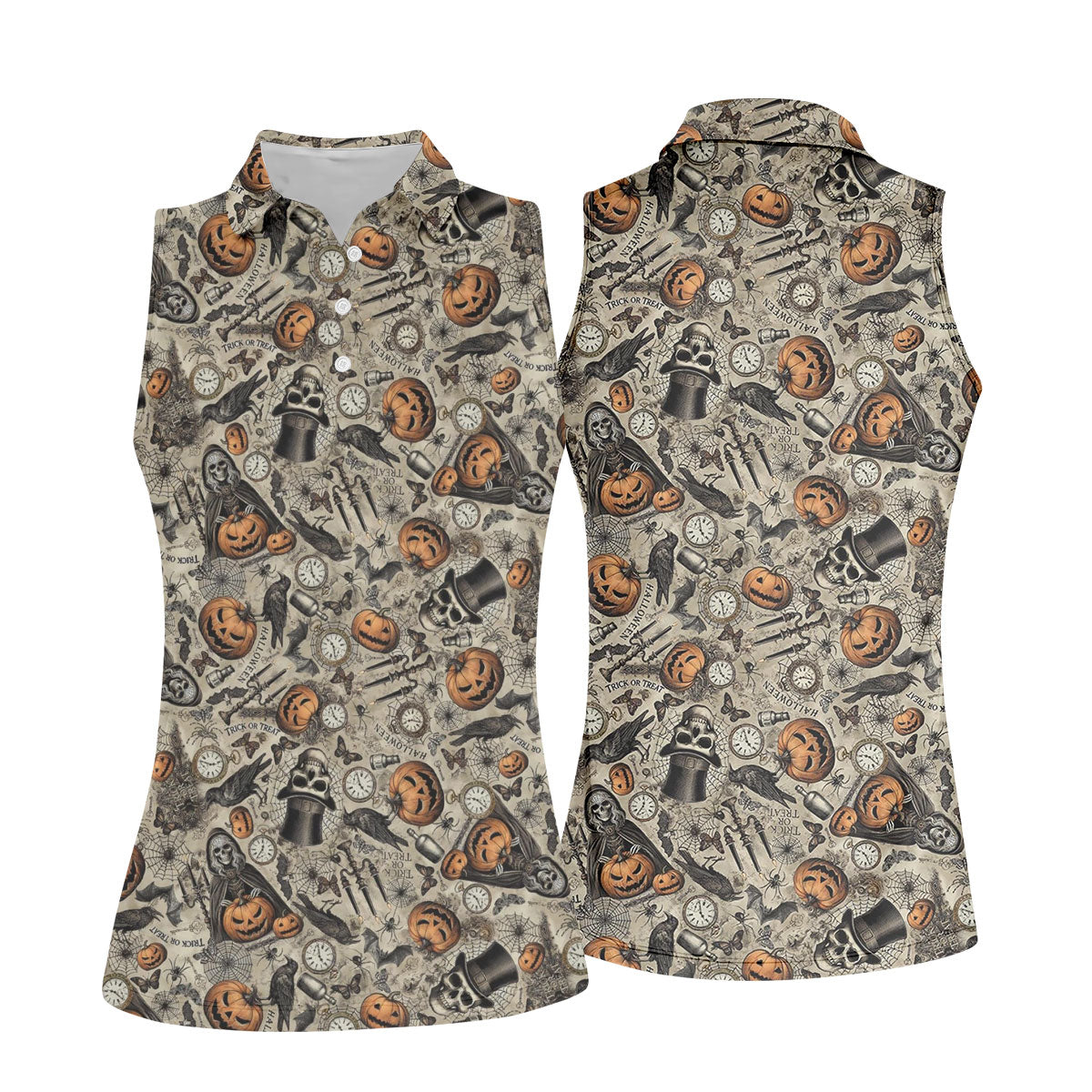 Pumpkin Skull Halloween Sleeveless Golf Shirt, Golf Tops For Women, Womens Golf Tops
