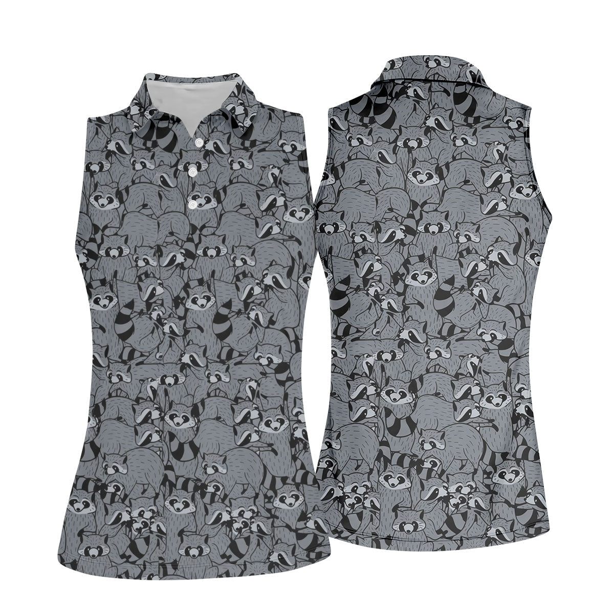 Gray Cartoon Raccoon Pattern Golf Polo Shirt, Golf Shirts For Women, Women's Golf Polo