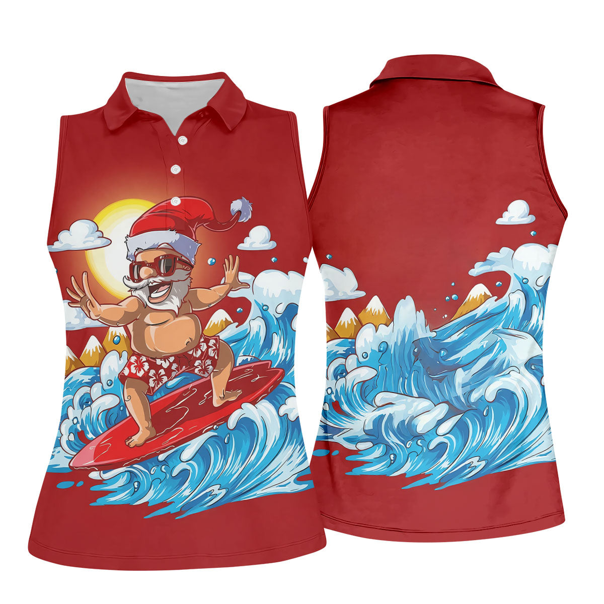Women's Funny Santa Surfing Golf Shirt, Christmas Golf Shirt, Women’s Golf Apparel