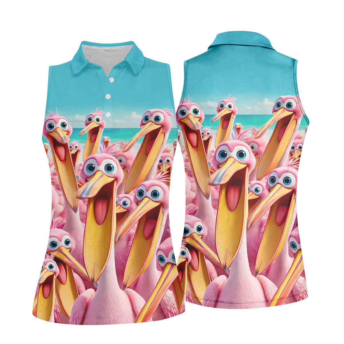 Funny Pink Pelican Beach Crowd Golf Shirt, Women's Golf Shirt, Hawaiian Golf Shirt, Golf Polo For Women