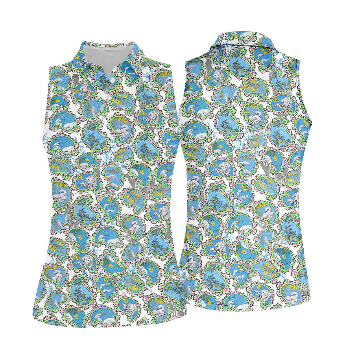 Paisley Flowers Heron Painting Print Golf Shirt, Ladies Golf Shirts, Golf Shirt For Women