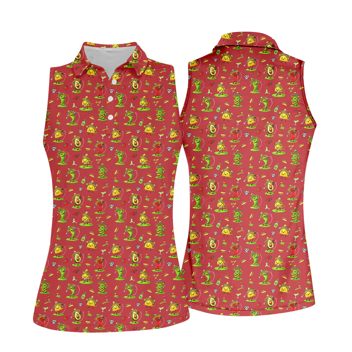 Mexican Cartoon Food Characters Cinco De Mayo Celebration Fiesta Themed Red Golf Shirt For Women