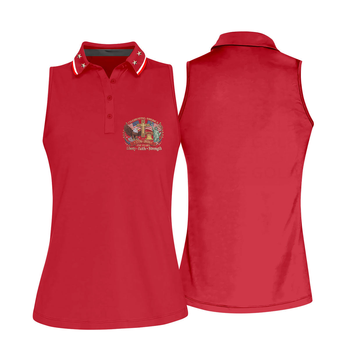 Liberty Faith Strength Faith Cross USA 250 Red Golf Shirt, 4th Of July Golf Shirt For Women