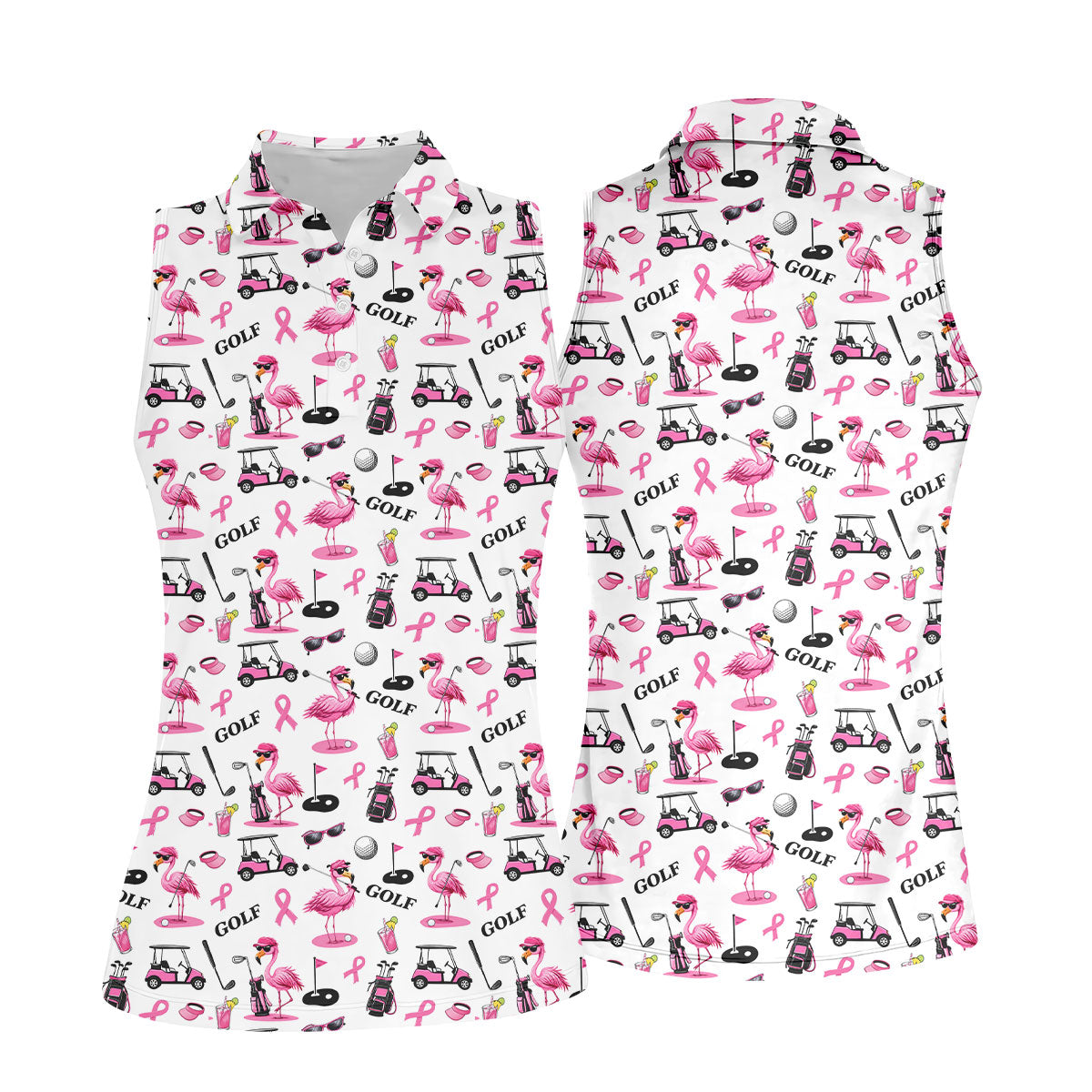Pink Flamingo Golf Breast Cancer Polo Shirt, Golf Tops For Women, Ladies Golf Shirts