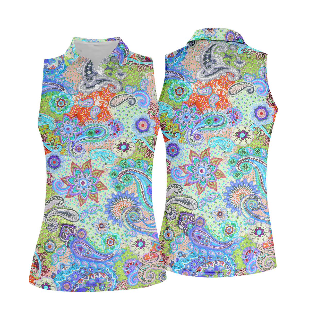 Colorful Boho Paisley Floral Pattern Golf Polo, Women's Golf Tops, Printed Golf Shirt