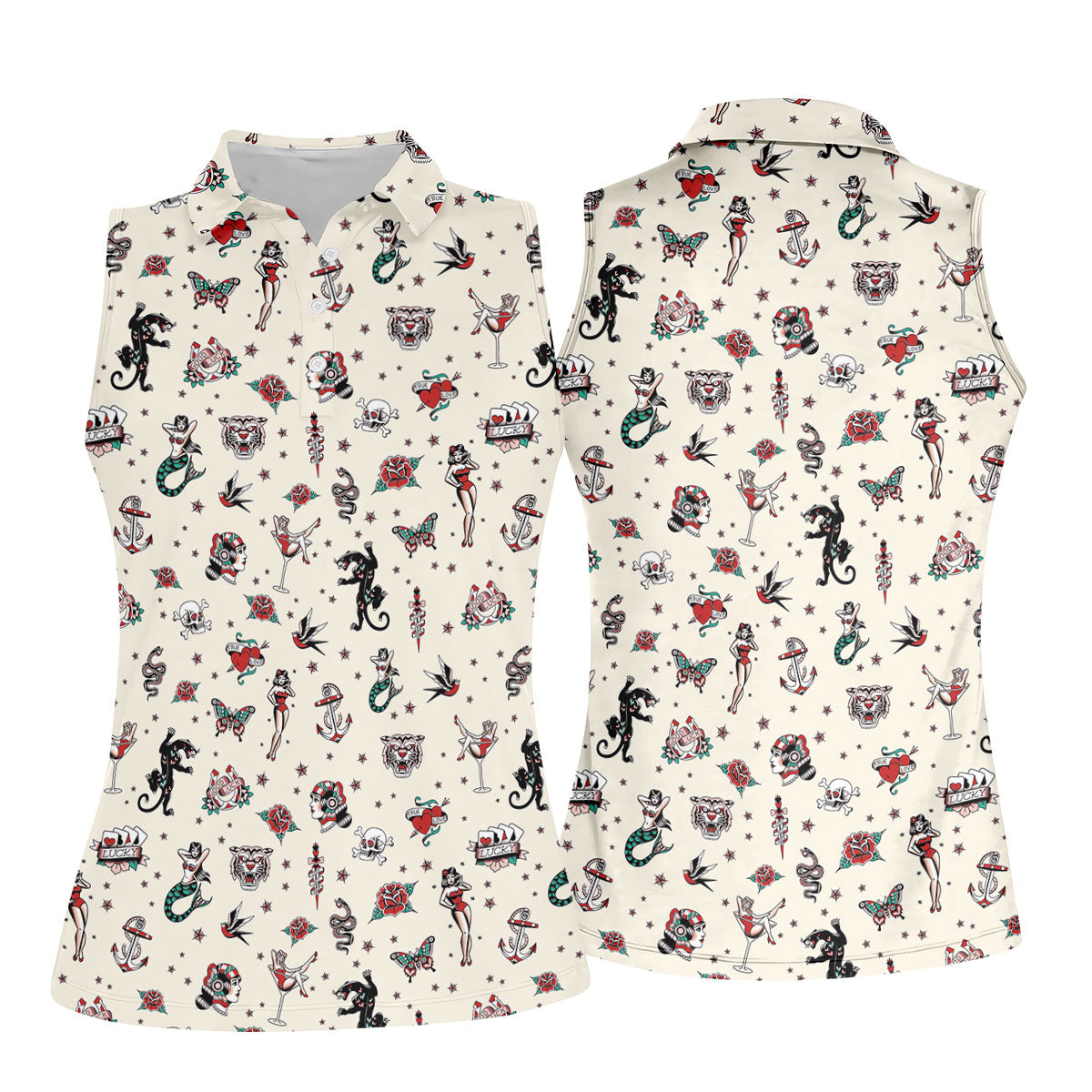 Old School Tattoo Flash Pattern Golf Polo Shirt, Women's Golf Tops, Ladies Golf Shirt