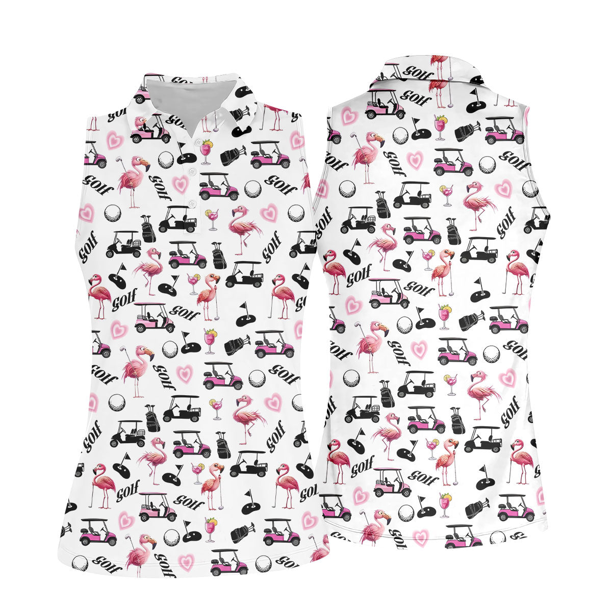 Pink Flamingo Golf Cart Martini Hawaiian Golf Shirt, Women’s Golf Polo, Ladies Golf Shirts
