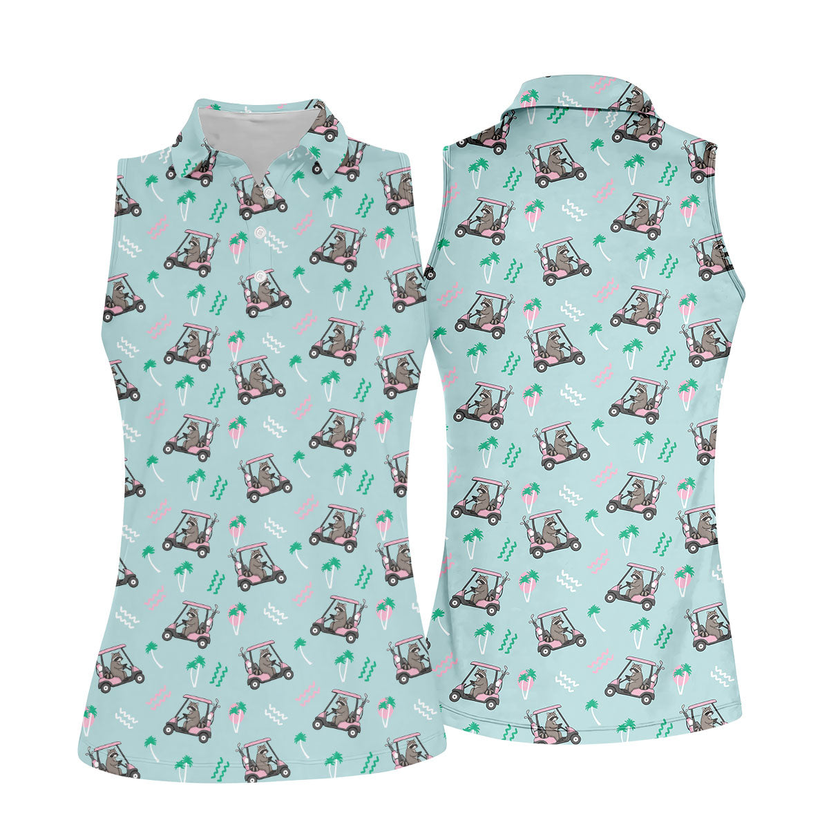 Funny Raccoon Golf Cart Tropical Polo Shirt, Hawaiian Golf Shirt, Ladies Golf Tops