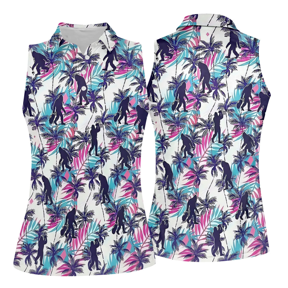 Funny Bigfoot Golfer Tropical Palm Pattern Polo Shirt, Golf Shirts For Women, Ladies Golf Shirts