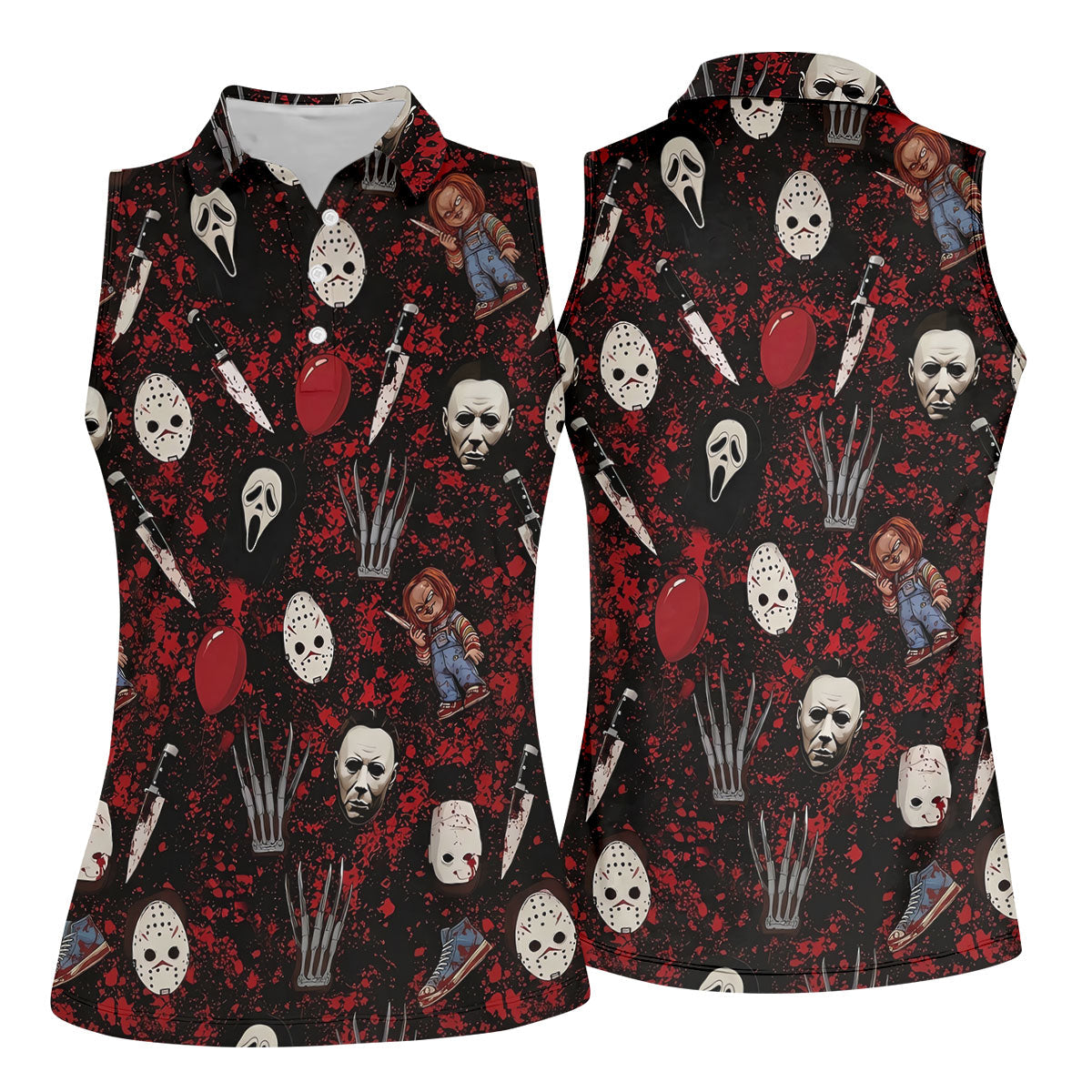 Halloween Horror Character Mask Pattern Hawaiian Golf Shirt, Women's Golf Tops, Golf Polo For Women