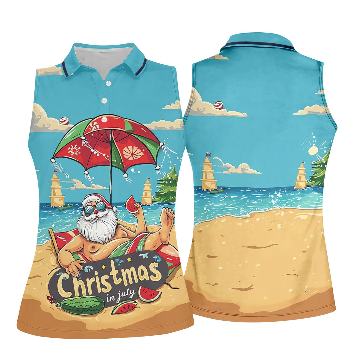 Christmas In July Santa Beach Christmas Golf Shirt, Women's Golf Tops, Hawaiian Golf Shirt, Printed Golf Shirt