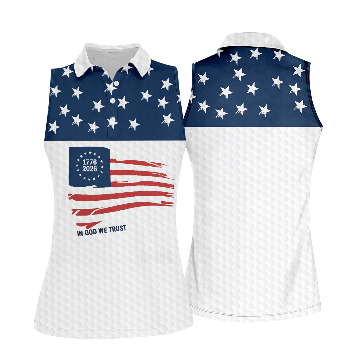 In God We Trust Golf Ball Pattern US Flag Golf Shirt, 250 Years 4th Of July Golf Shirt For Women