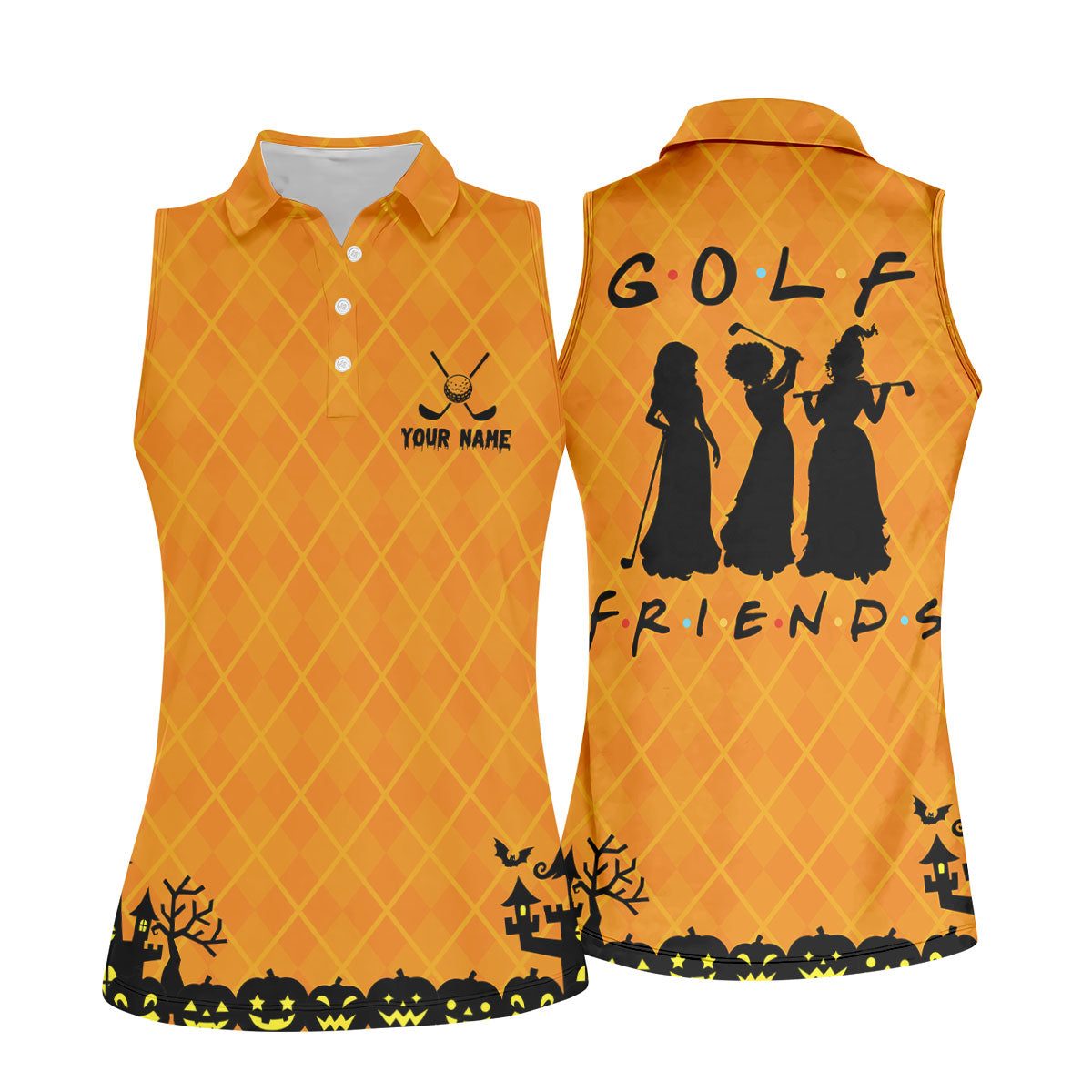 Your Name Golf Friends Horror Character Polo Shirt, Womens Golf Tops, Halloween Shirt