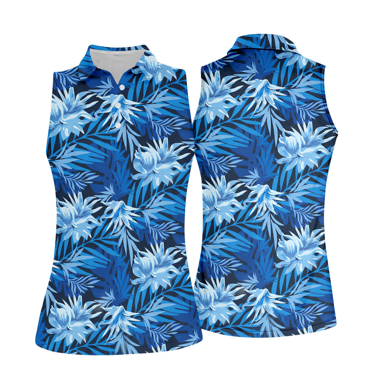 Blue Tropical Hibiscus Floral Golf Shirt, Womens Golf Tops, Women’s Golf Apparel