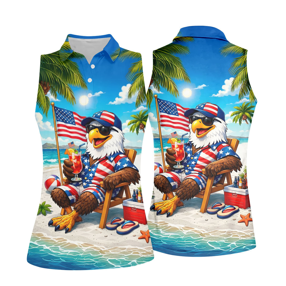 Funny Bald Eagle US Flag Pattern Hawaiian Golf Shirt, 250 Years Patriotic 4th Of July Golf Shirt For Women