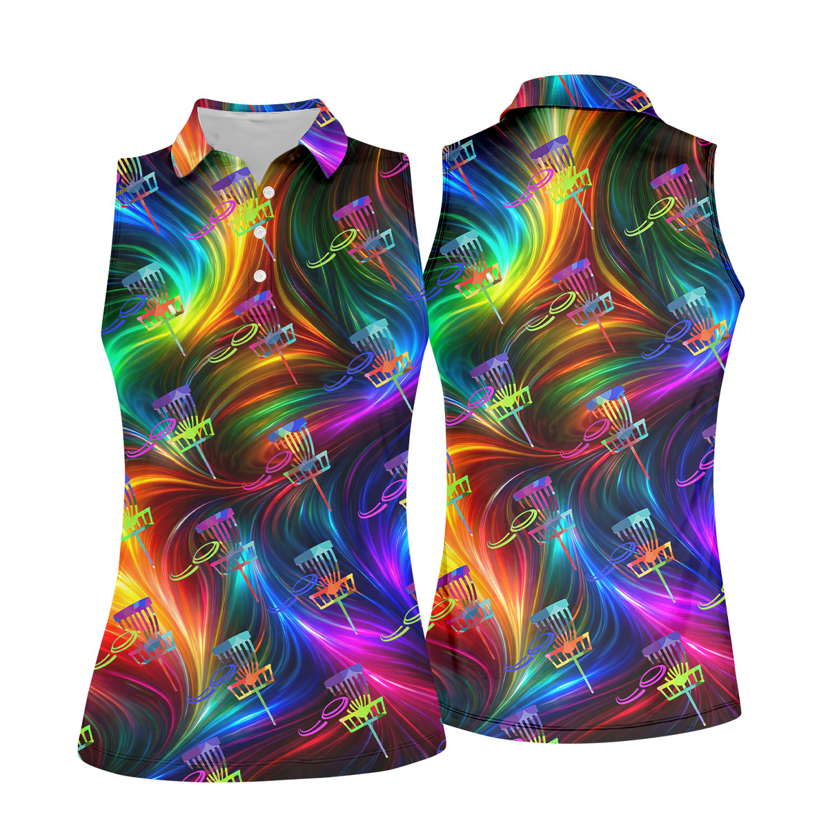 Colorful Disc Golf Basket Swirl Pattern Polo Shirt, Women’s Golf Tops, Hawaiian Golf Shirt, Performance Golf Shirt