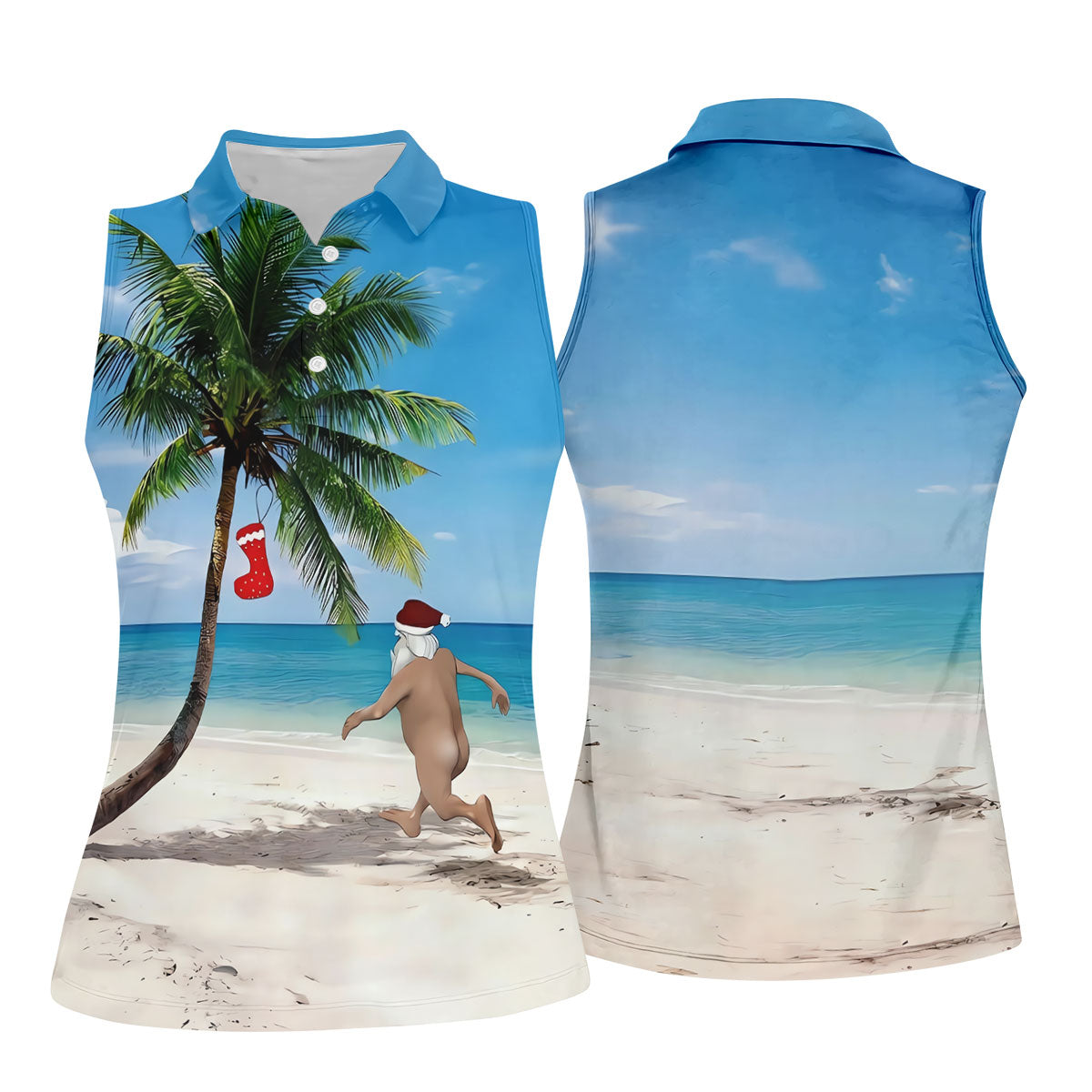 Funny Santa Running On Tropical Beach Christmas Golf Shirt, Women's Golf Tops, Golf Shirts For Women