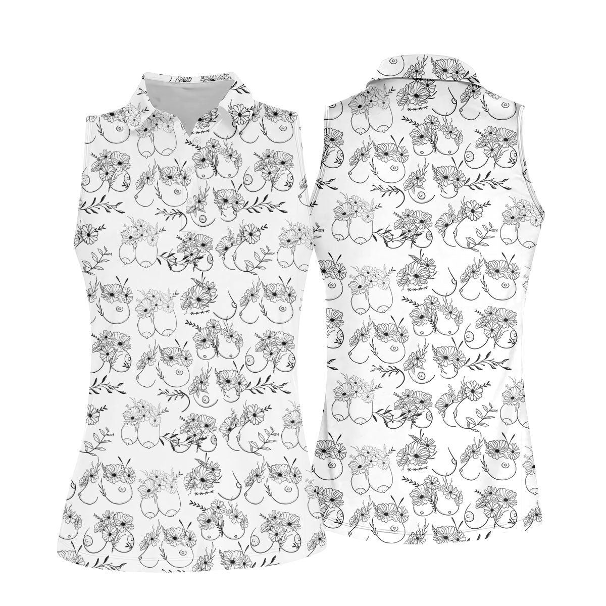 Floral Boobs Line Art Golf Polo Shirt, Women's Golf Shirts, Golf Apparel For Women