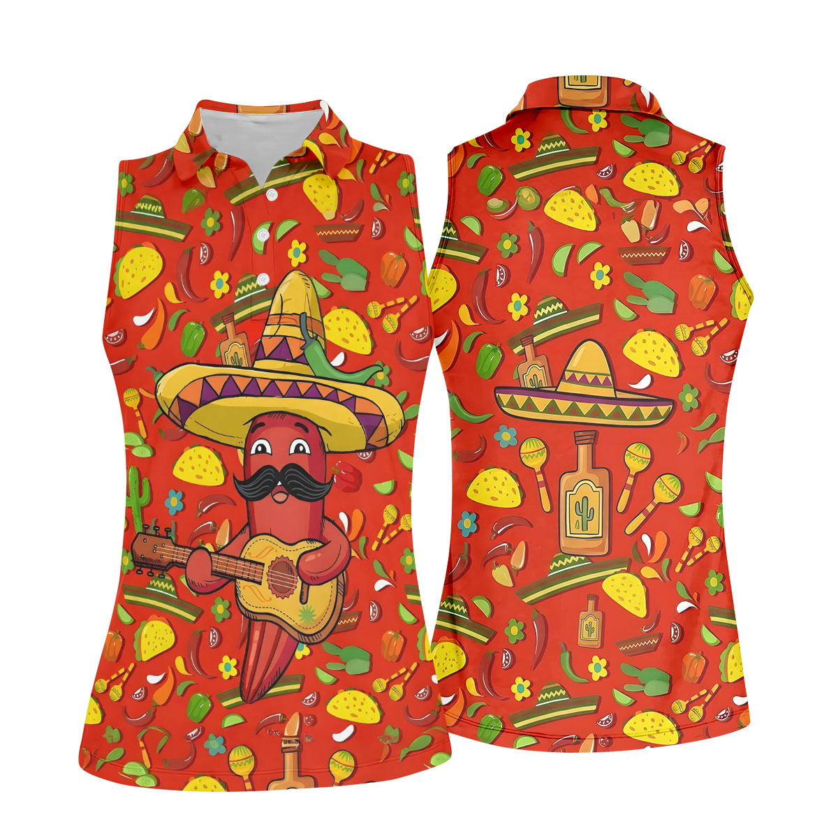 Cartoon Chili Pepper Mexican Guitar Cinco De Mayo Celebration Fiesta Themed Golf Shirt For Women