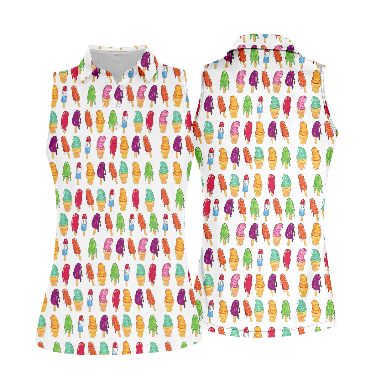 Colorful Ice Cream Pattern Golf Polo Shirt, Golf Tops For Women, Ladies Golf Top
