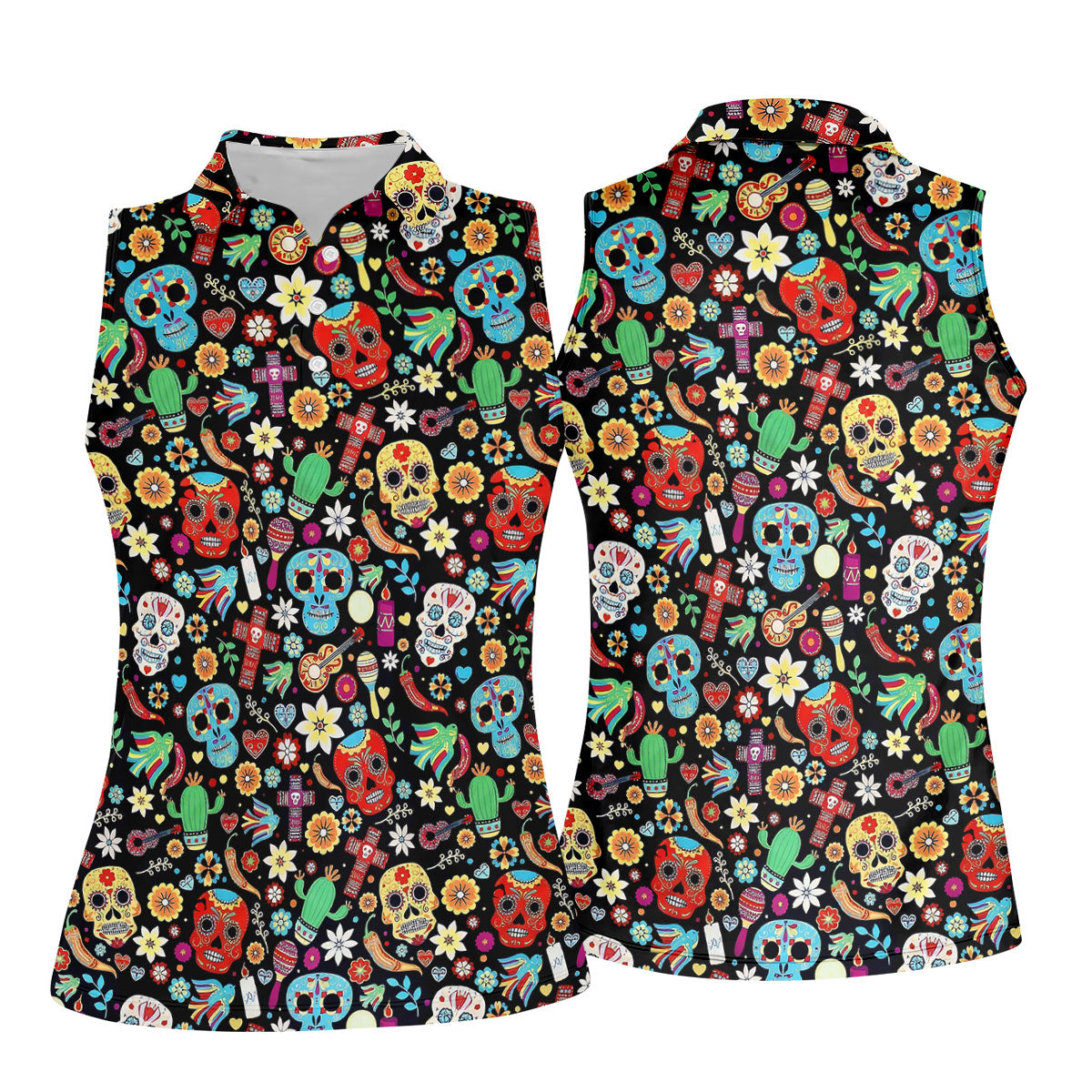 Skull With Flowers Cinco De Mayo Celebration Fiesta Themed Ladies Golf Tops, Golf Shirt For Women