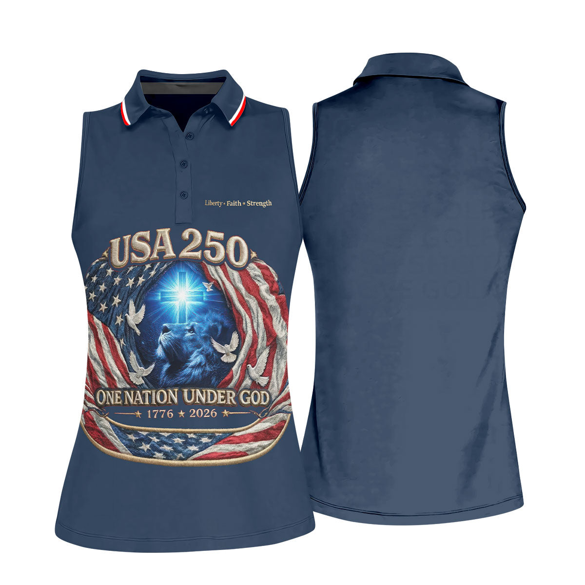 One Nation Under God Faith Cross USA 250 Navy Golf Shirt, 4th Of July Golf Shirt For Women