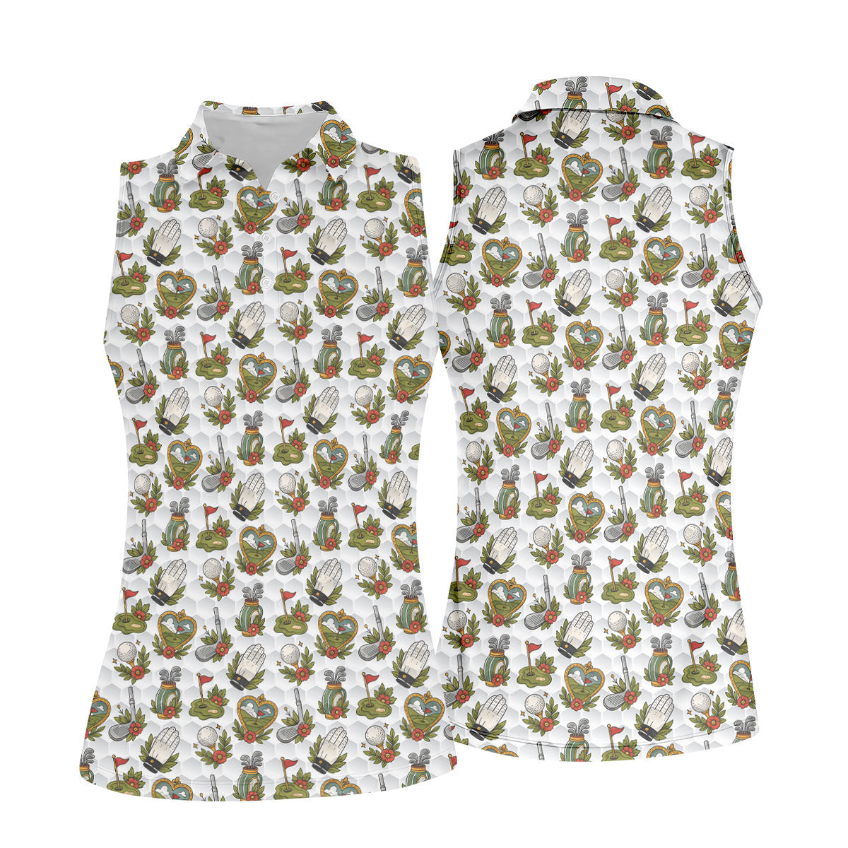 Floral Golf Club Pattern White Hawaiian Golf Shirt, Women's Golf Tops, Golf Polo For Women