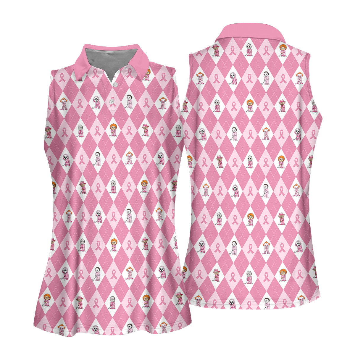 Pink Argyle Horror Character Breast Cancer Polo Shirt, Women's Golf Polo, Golf Tops For Women