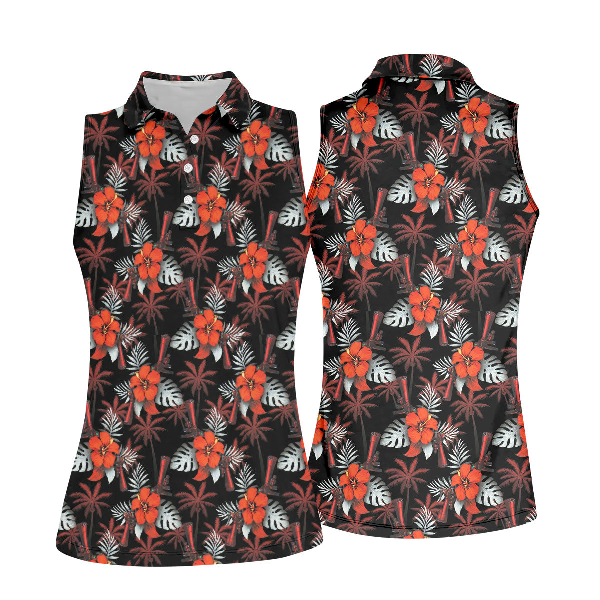 Orange Hibiscus Black Hawaiian Golf Shirt, Summer Vibe Golf Shirt For Women
