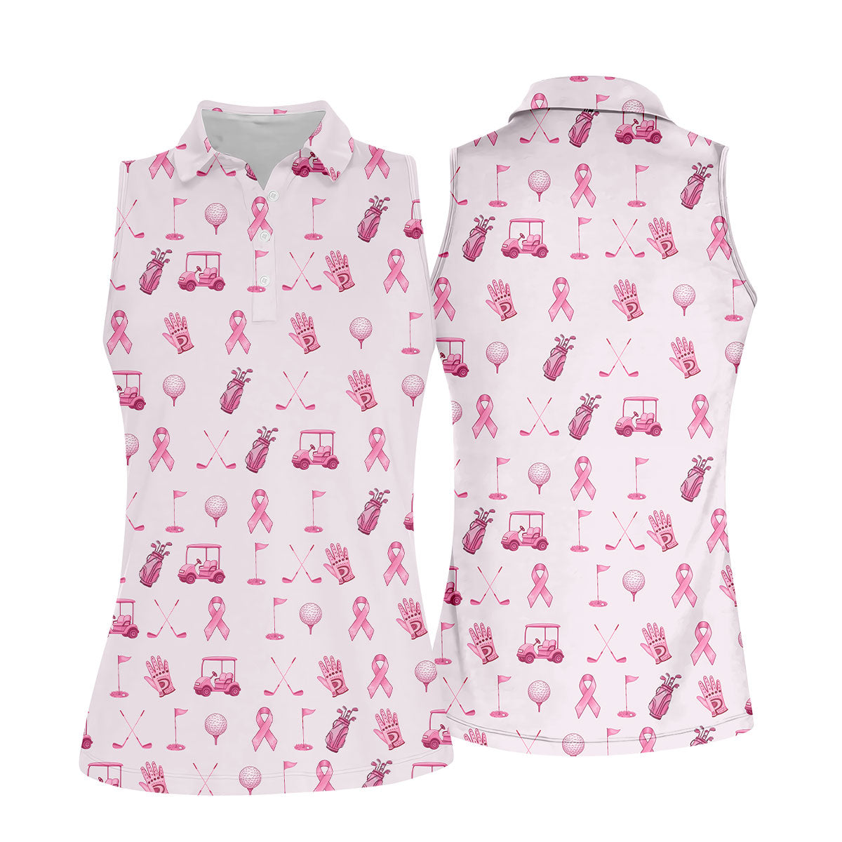 Funny Pink Ribbon Golf Pattern Women's Polo Shirt, Breast Cancer Golf Shirt, Breast Cancer Awareness Shirt