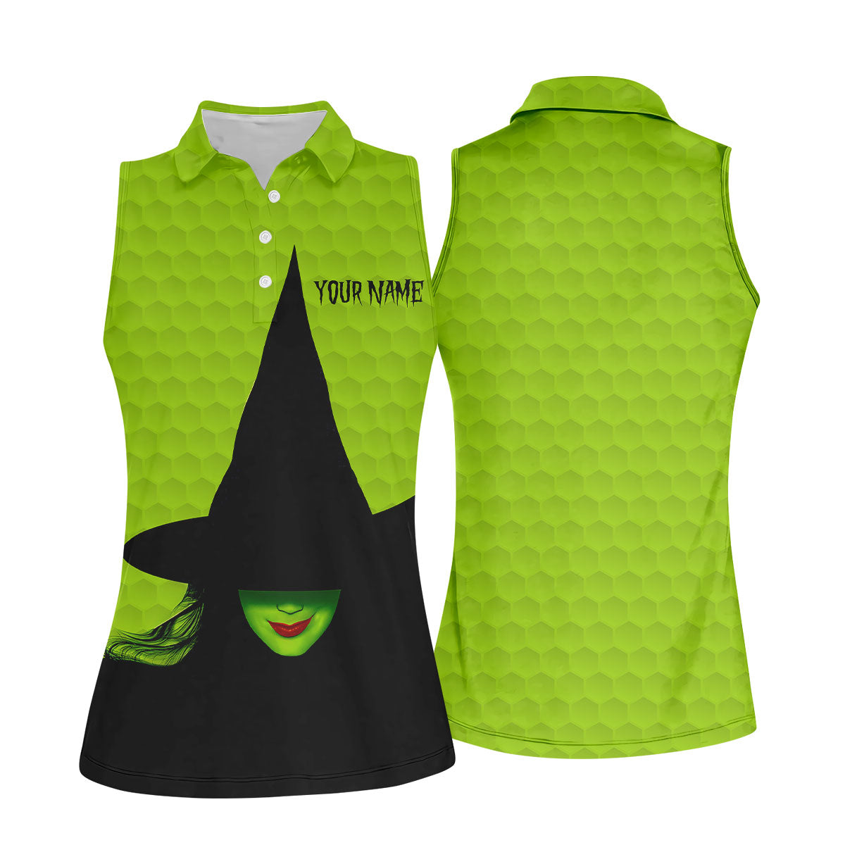 The Green Witch Golf Ball Pattern Fun Women's Golf Shirts, Spooky Vibe Ladies Golf Polos, Halloween Golf Shirt