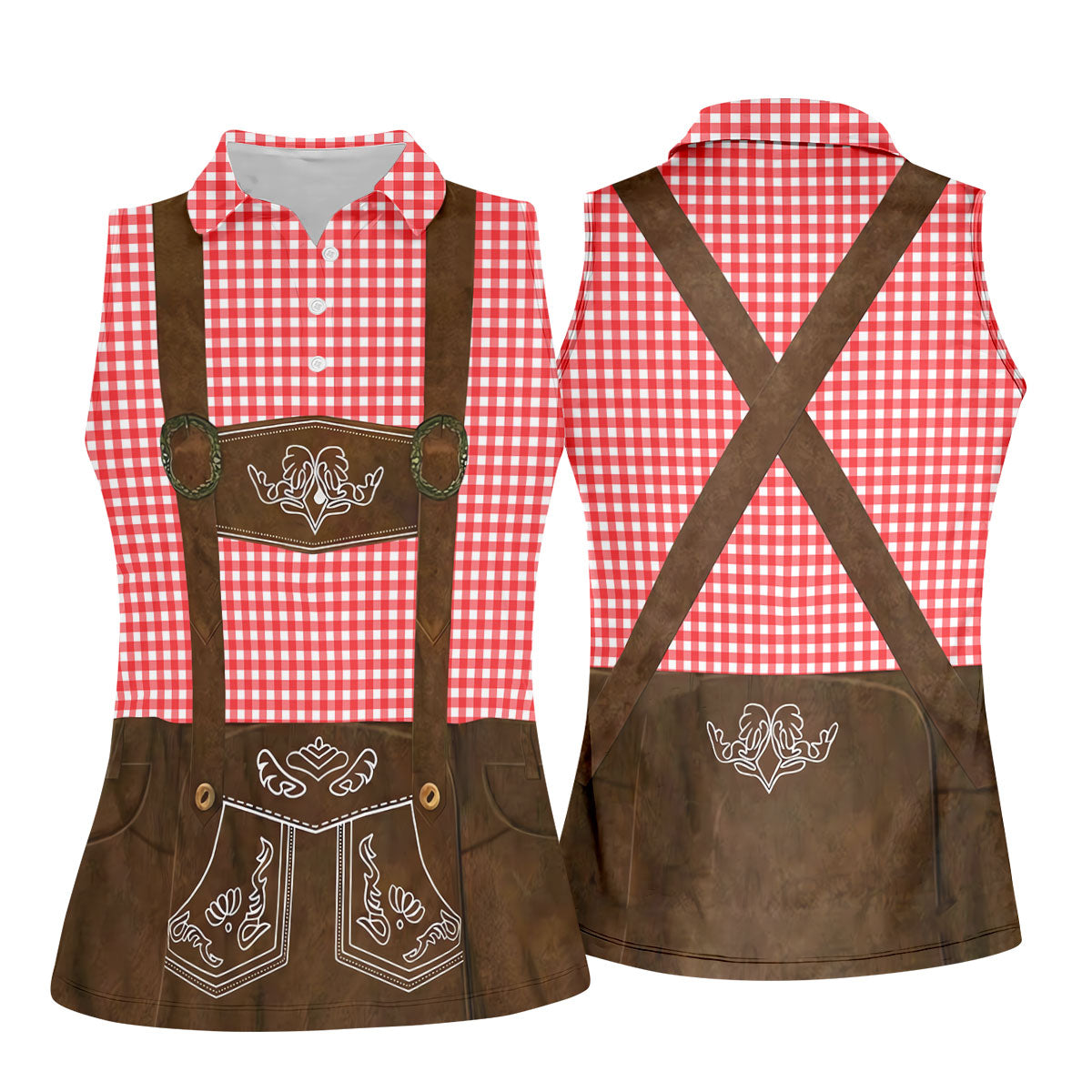 Women's Red Oktoberfest Lederhosen Illusion Sleeveless Golf Polo, Golf Shirts For Women, Women's Golf Apparel