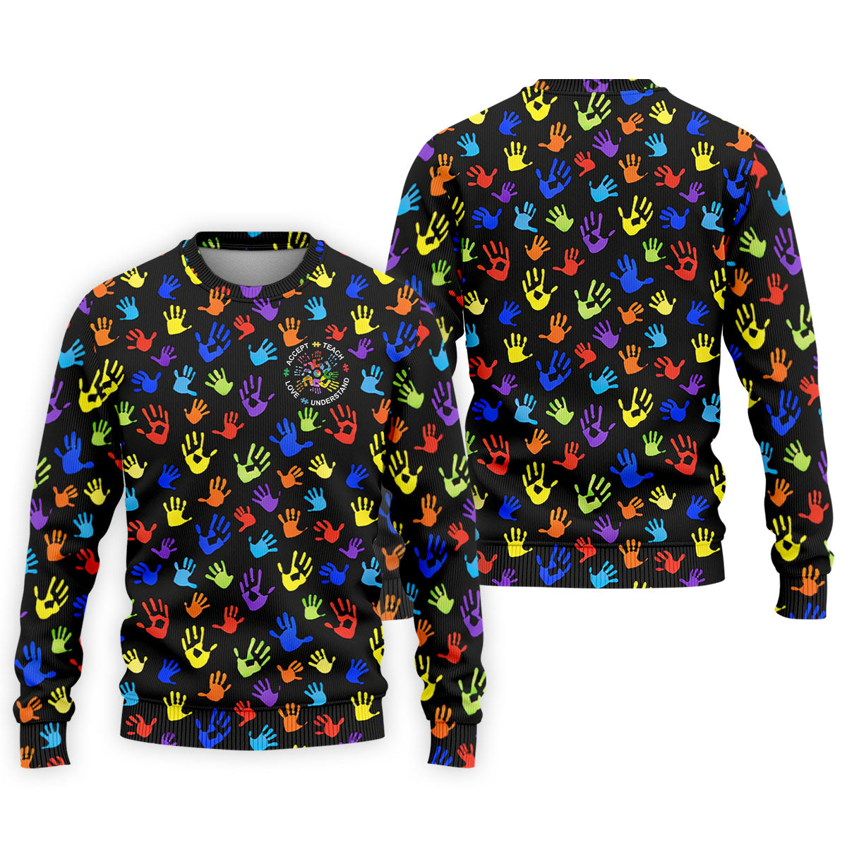 Accept Teach Understand Love Autism Awareness Colorful Handprint Black Golf Shirt, Golf Shirts For Men