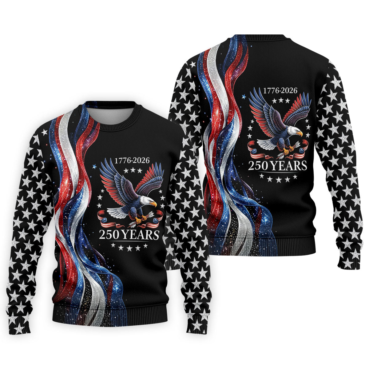 Bald Eagle Red White Blue Wavy Stripes Patriotic Golf Shirt, 250 Years 4th Of July Golf Shirts For Men