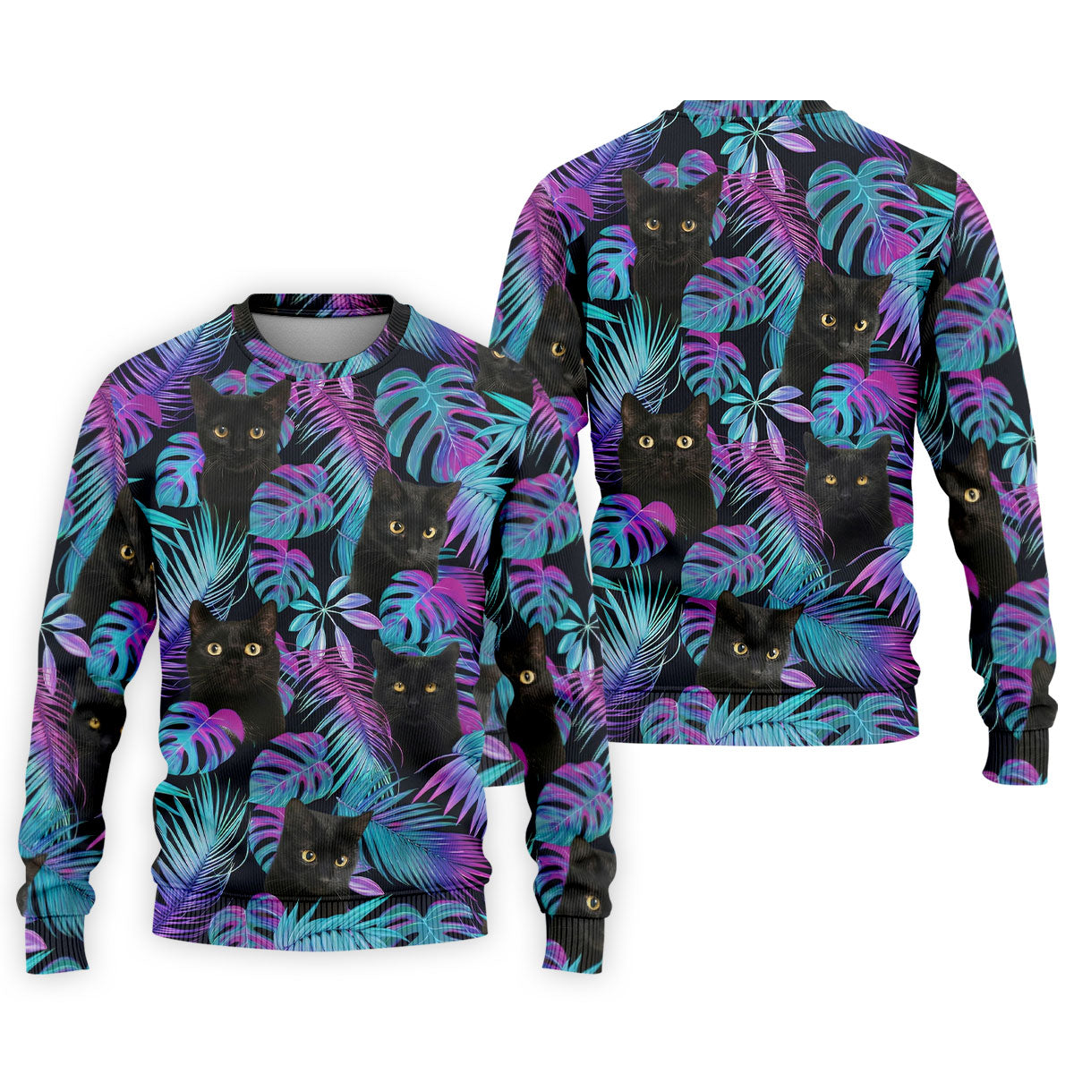 Funny Black Cat Purple Blue Gradient Hawaiian Golf Shirt, Golf Shirts For Men