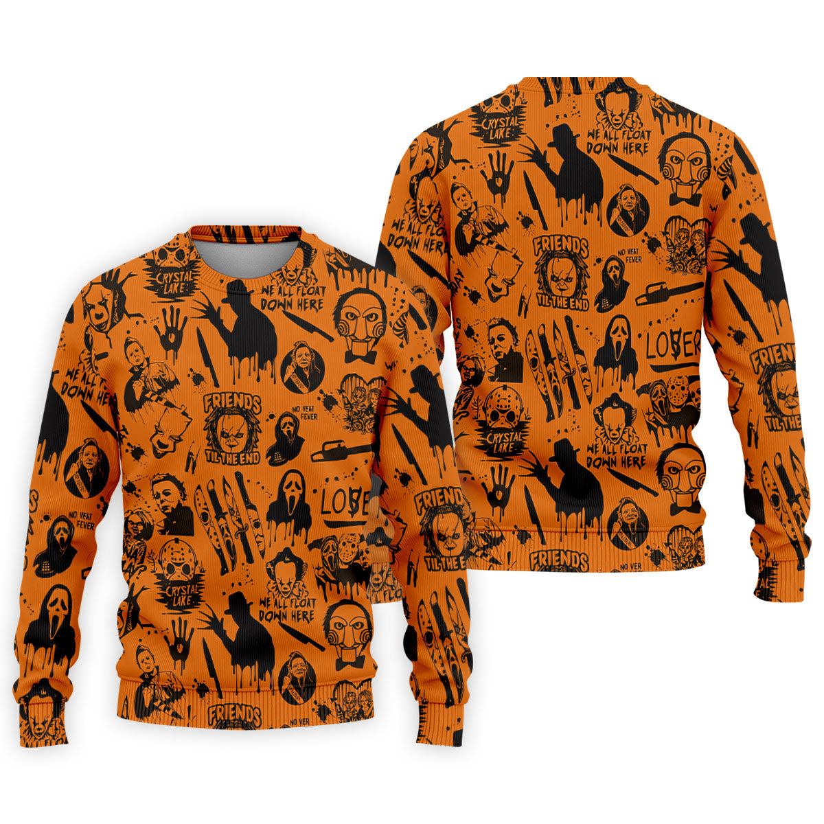 Orange Horror Character Icons Pattern Golf Polo Shirt for Halloween, Mens Golf Polo, Printed Golf Shirts