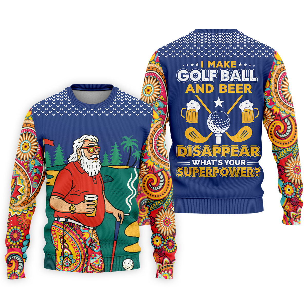 Funny Bearded Golfer Beer Lover Paisley Sleeve Golf Polo, Golf Polo Shirts For Men, Mens Golf Apparel