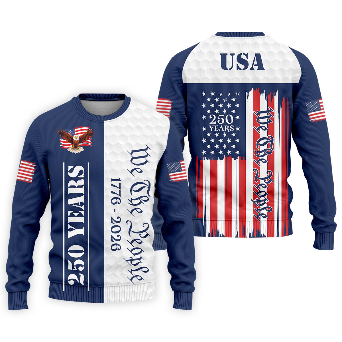 We The People Bald Eagle US Flag Golf Ball Pattern 250 Years Patriotic 4th Of July Golf Shirts For Men