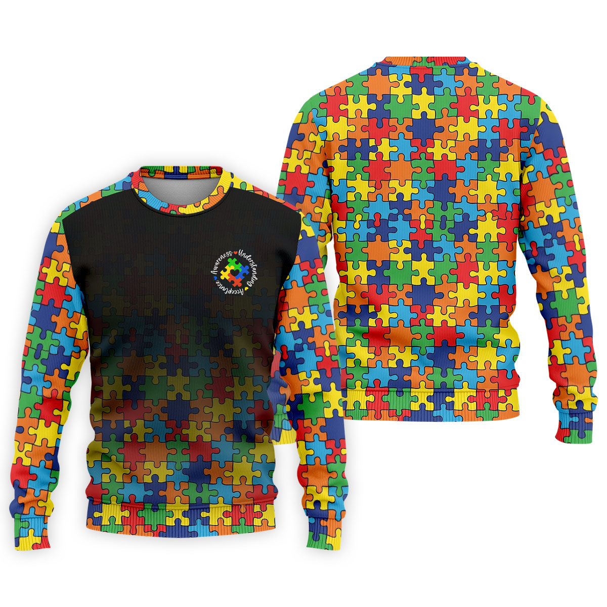 Acceptance Awareness Understanding Autism Awareness Puzzle Pattern Black Fade Golf Shirts For Men