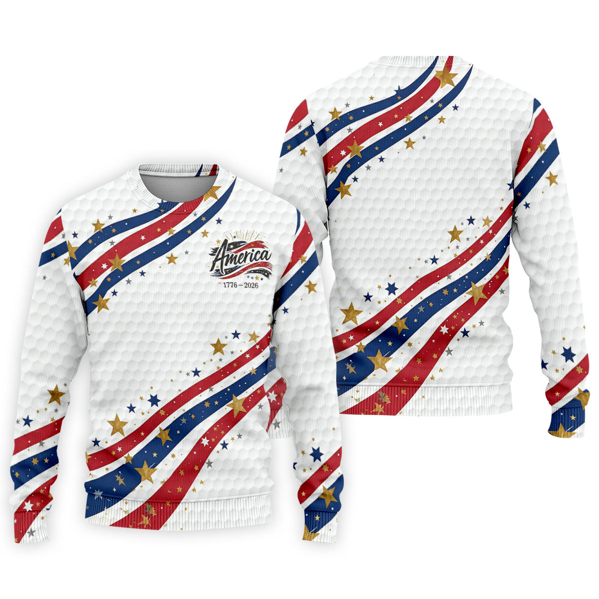 Red White Blue Wavy Stripes Golf Ball Pattern Patriotic Golf Shirt, 250th Anniversary Golf Shirts For Men