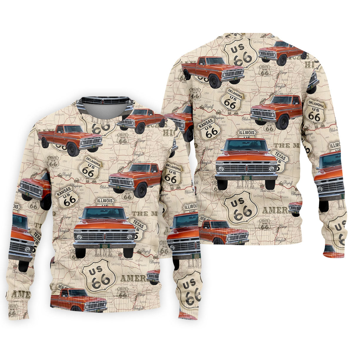 Custom Photo Truck Golf Shirt, Vintage Pickup Route 66 Map Pattern, Golf Shirt For Men