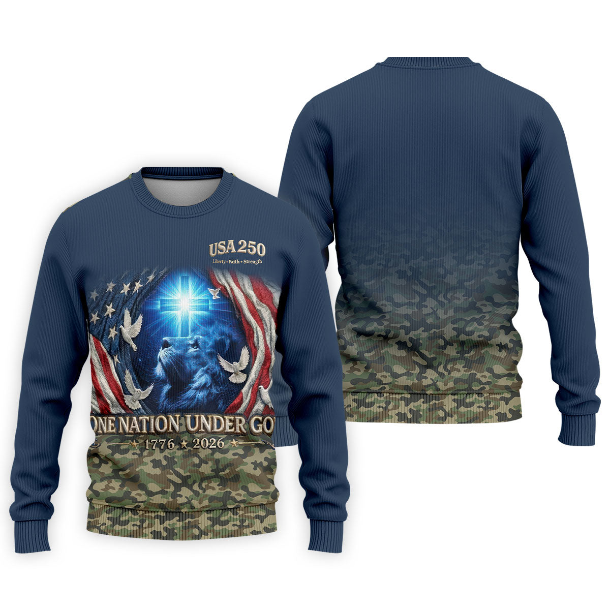 One Nation Under God Faith Cross USA 250 Navy Camo Golf Shirt, 4th Of July Golf Shirts For Men