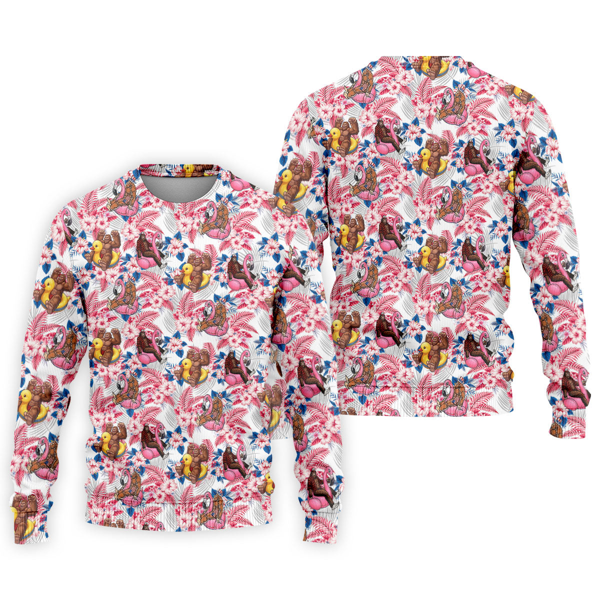 Funny Bigfoot Pool Party Hawaiian Golf Shirt, Red White Blue Tropical Flamingo Golf Shirts For Men