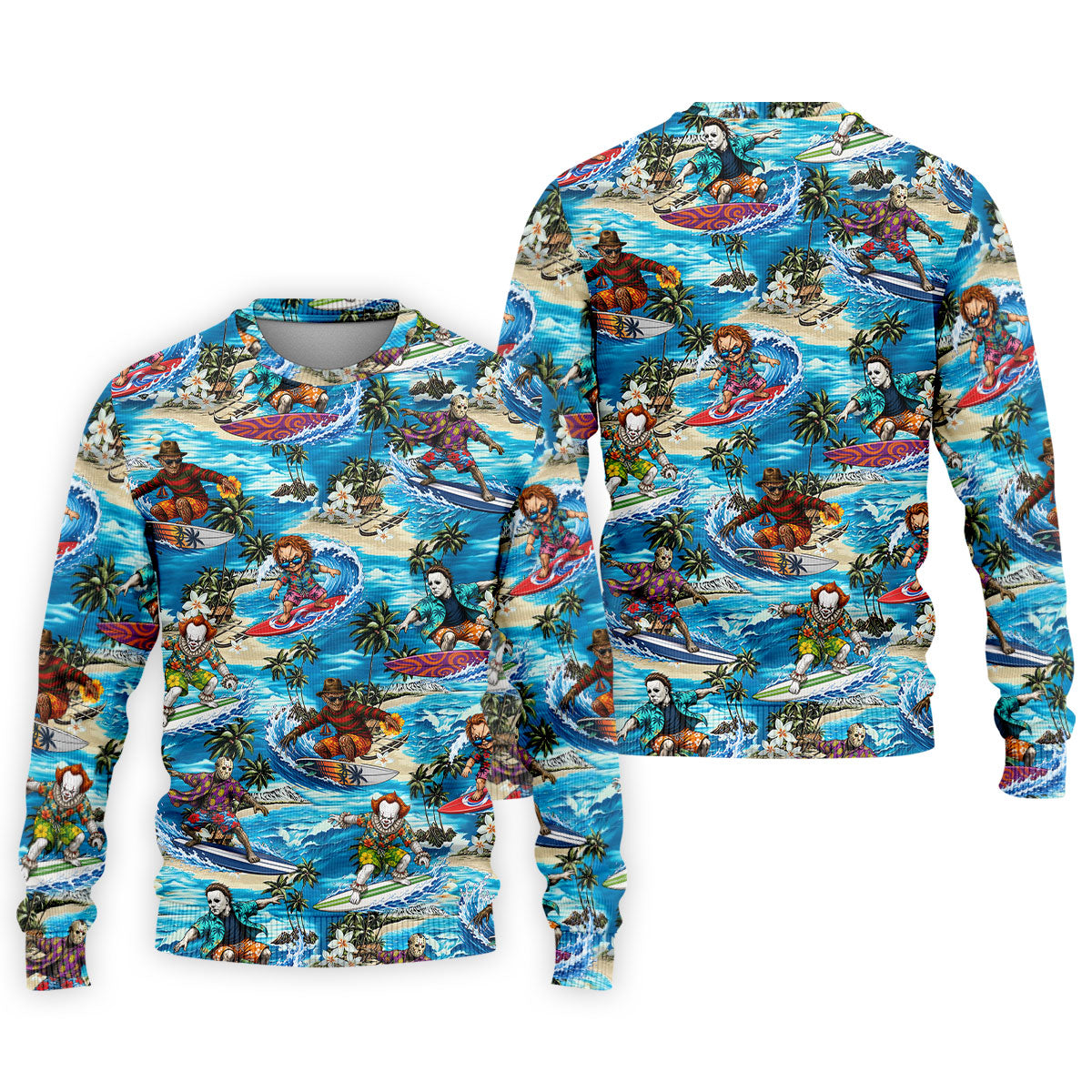 Horror Character Surfing Hawaiian Golf Shirt, Tropical Slasher Golf Shirt, Golf Shirts For Men