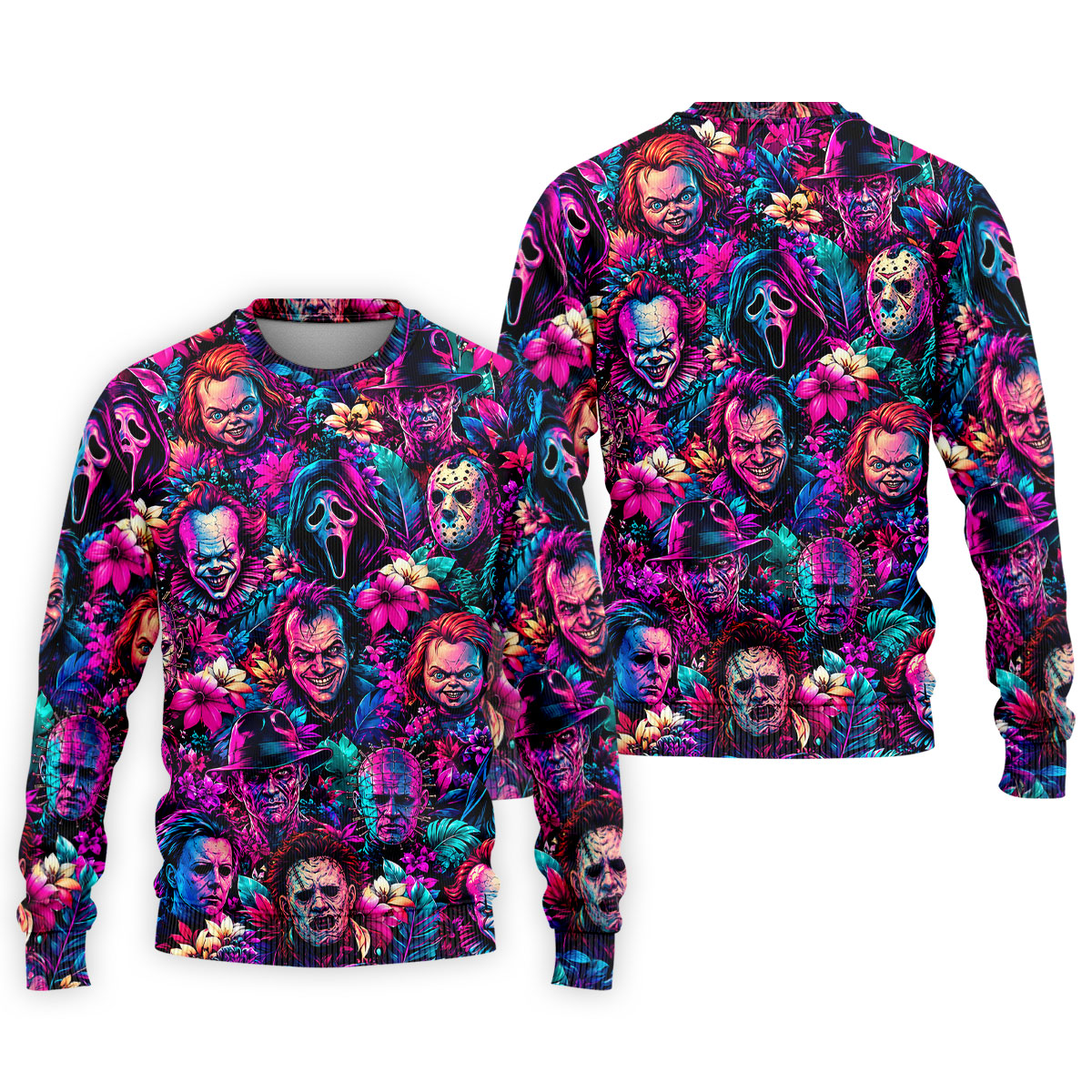 Neon Floral Horror Character Halloween Golf Shirt, Golf Shirts For Men, Mens Golf Apparel