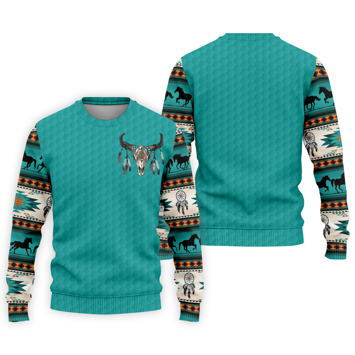 Turquoise Southwestern Bull Skull Golf Polo Shirt, Printed Golf Shirts, Golf Shirts For Men