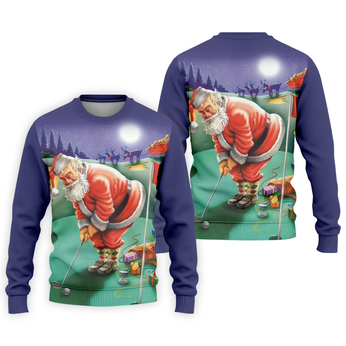 Men's Santa Night Golf Scene Golf Shirt, Christmas Golf Shirt, Golf Apparel For Men
