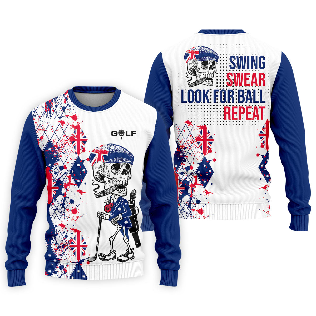 Swing Swear Look For Ball Repeat Australia Flag Print Skeleton Golfer Argyle Golf Shirt, Polo Shirts For Men