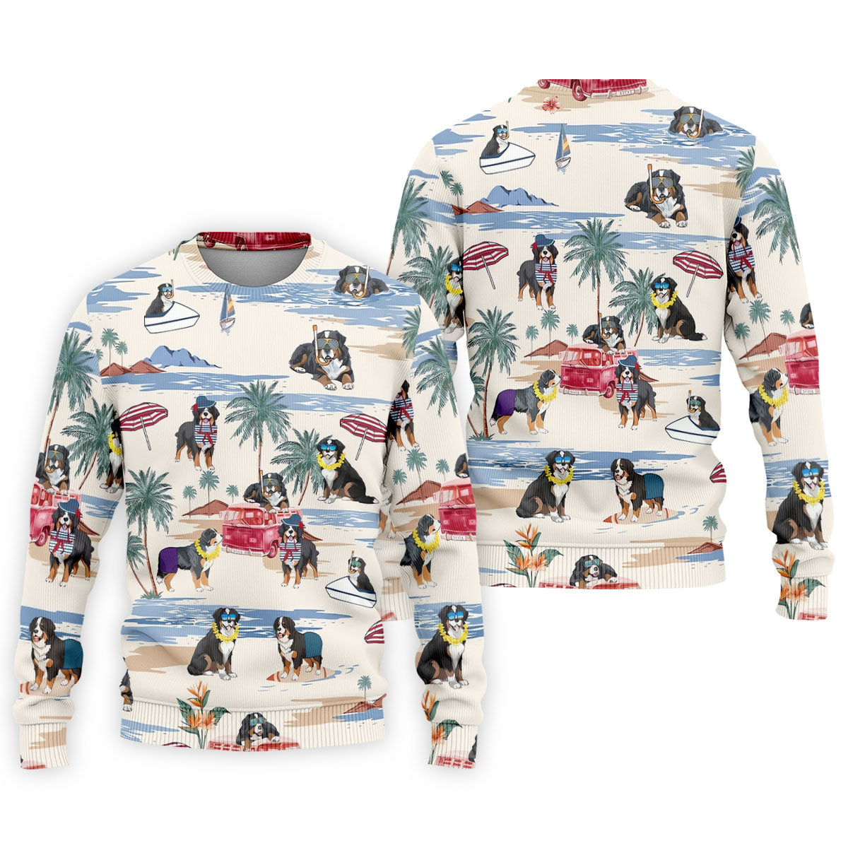 Tropical Bernese Mountain Dog Beach Hawaiian Golf Polo Shirt, Printed Golf Shirts, Golf Apparel For Men